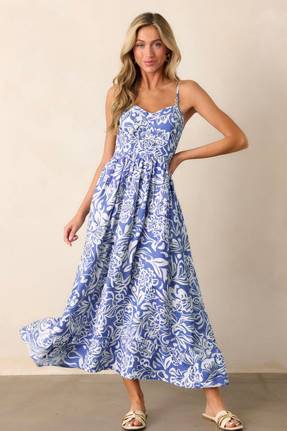 Blue Floral Print Spaghetti Strap Maxi Dress Women