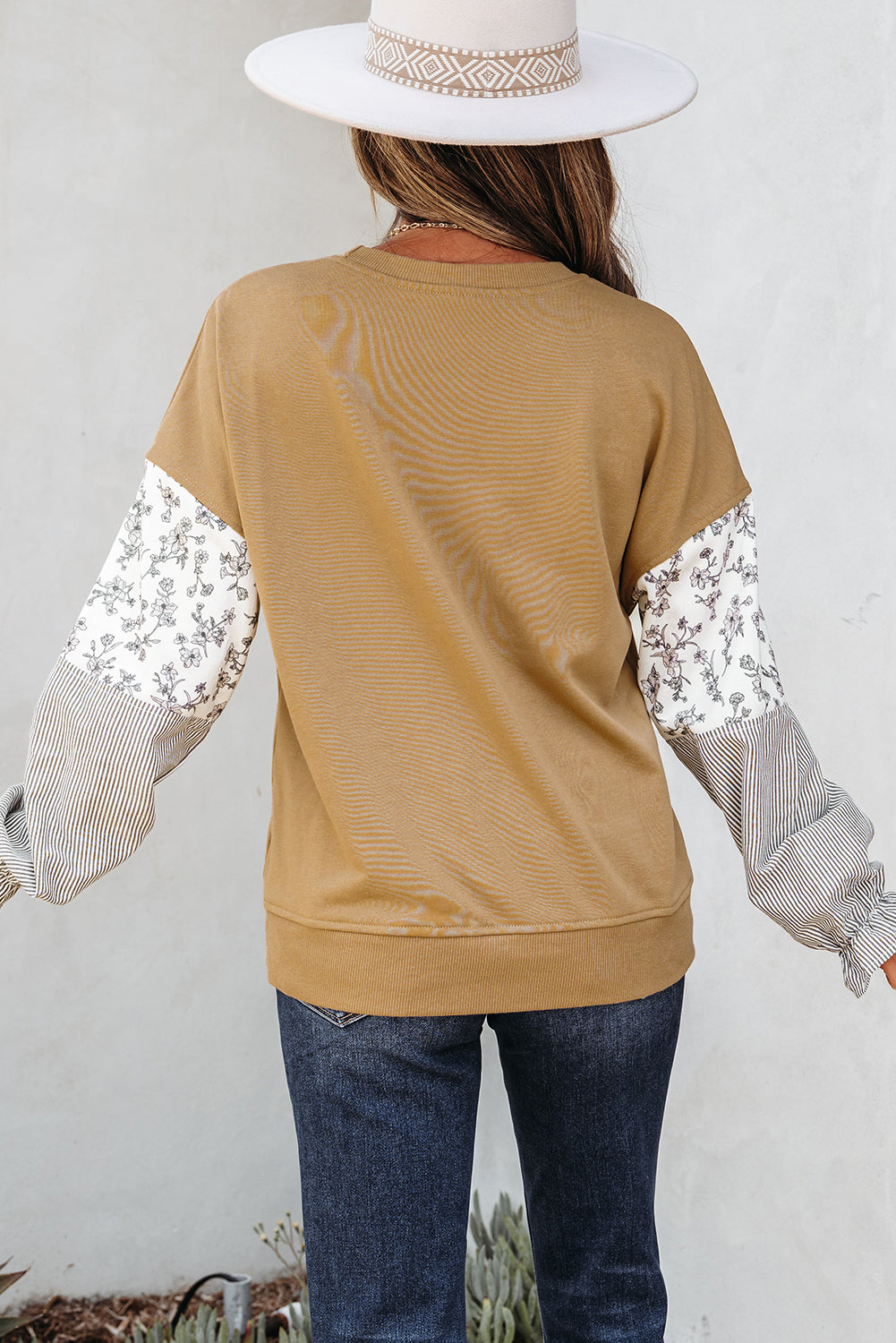 Camel Patchwork Floral Striped Ruffle Sleeve Sweatshirt