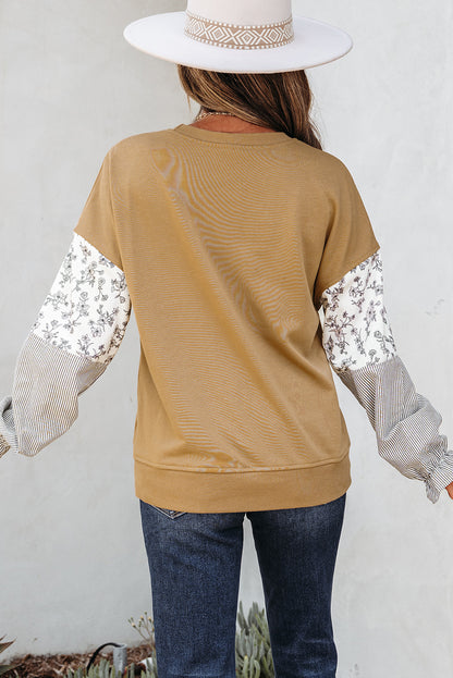 Camel Patchwork Floral Striped Ruffle Sleeve Sweatshirt