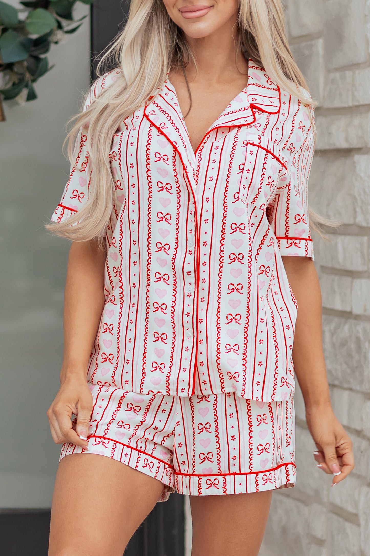 Valentines Heart Bow Print Ribbon Trim 2 Piece Pajama Set