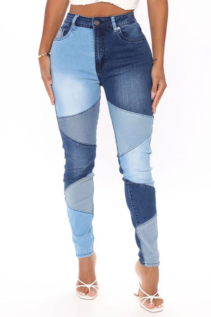 Plus Size Women Mid Waist Stretchy Patchwork Denim Pants Jeans