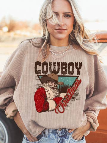 Cowboy Christmas Santa Ribbed Corduroy Oversized Sweatshirt