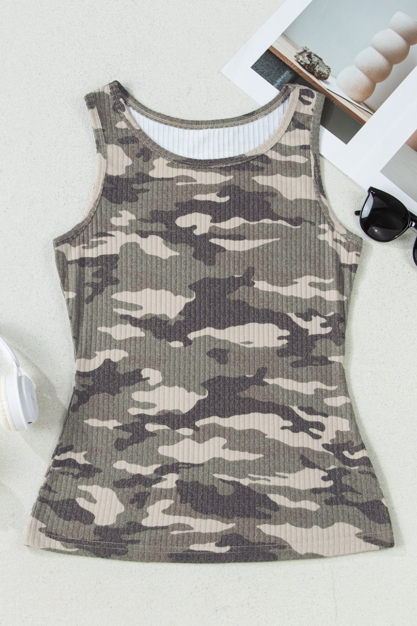 Green Camo Ribbed Knit Scoop Neck Tank Top