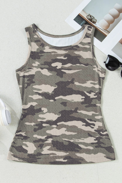 Green Camo Ribbed Knit Scoop Neck Tank Top