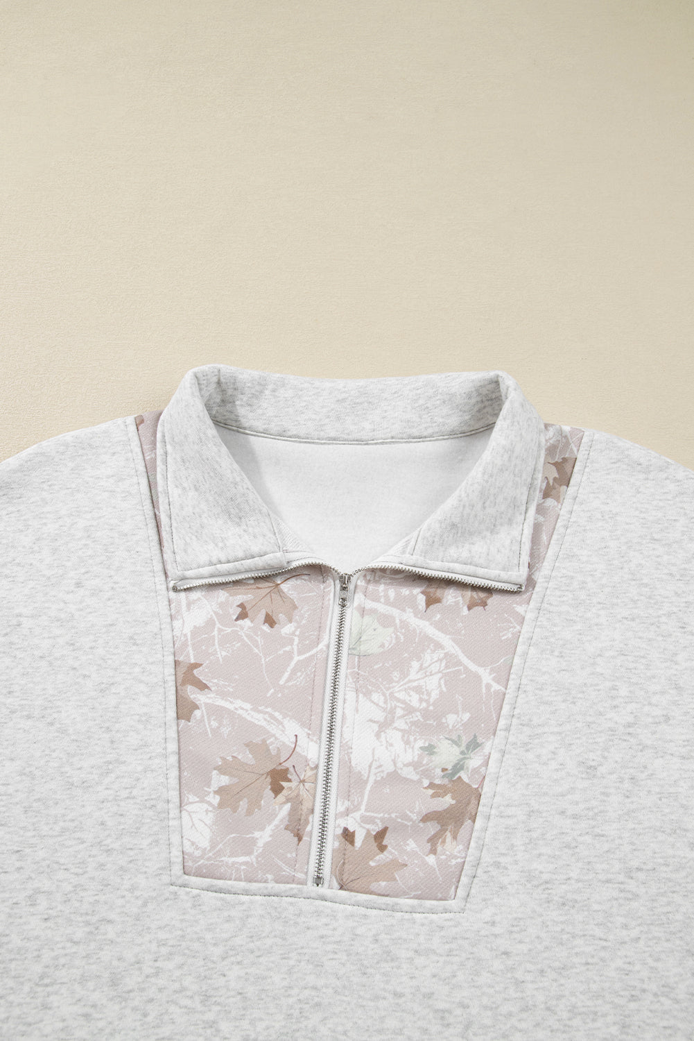 Plus Size Gray Half Zip Sweatshirt with Camo Leaf Patchwork