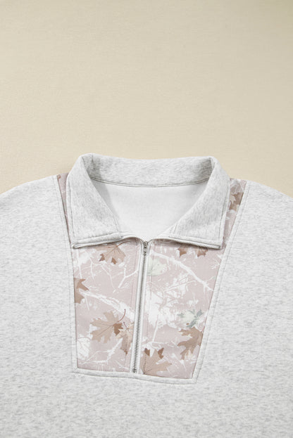Plus Size Gray Half Zip Sweatshirt with Camo Leaf Patchwork