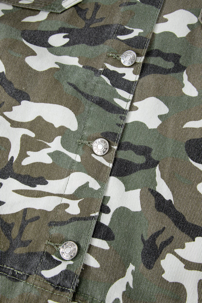 Green Camo Loose Denim Jacket with Chest Pockets