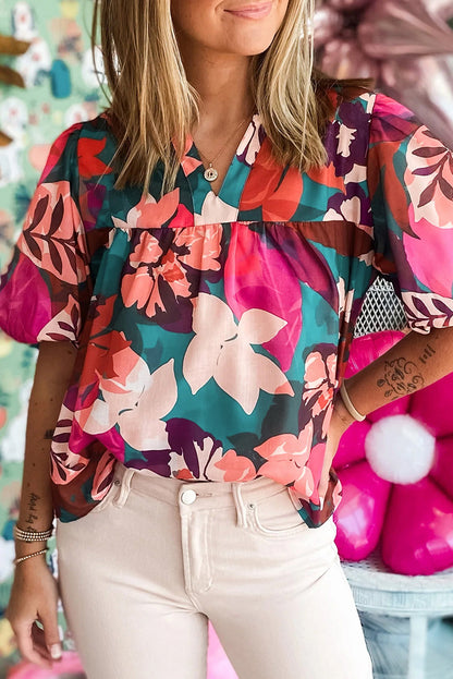 Floral Puff Sleeve V-Neck Blouse – Boho Summer Top