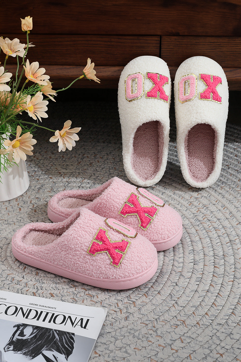 Pink XOXO Plush Slippers Warm Fuzzy Valentines House Shoes Women