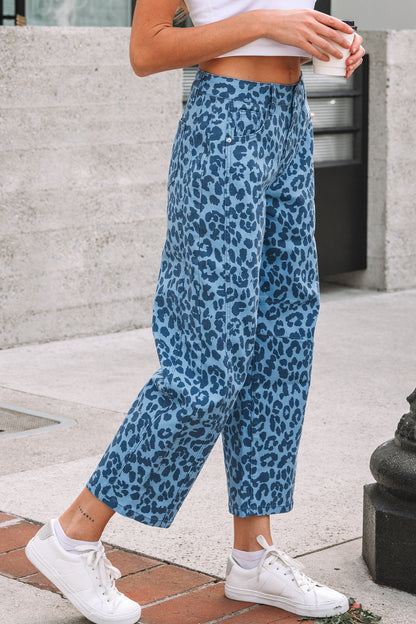 Leopard Print Barrel Leg Jeans High Rise Cropped