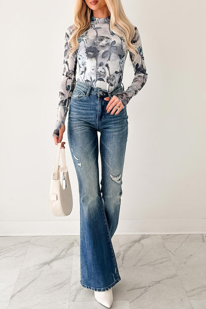 Blue Floral Mesh Mock Neck Long Sleeve Top