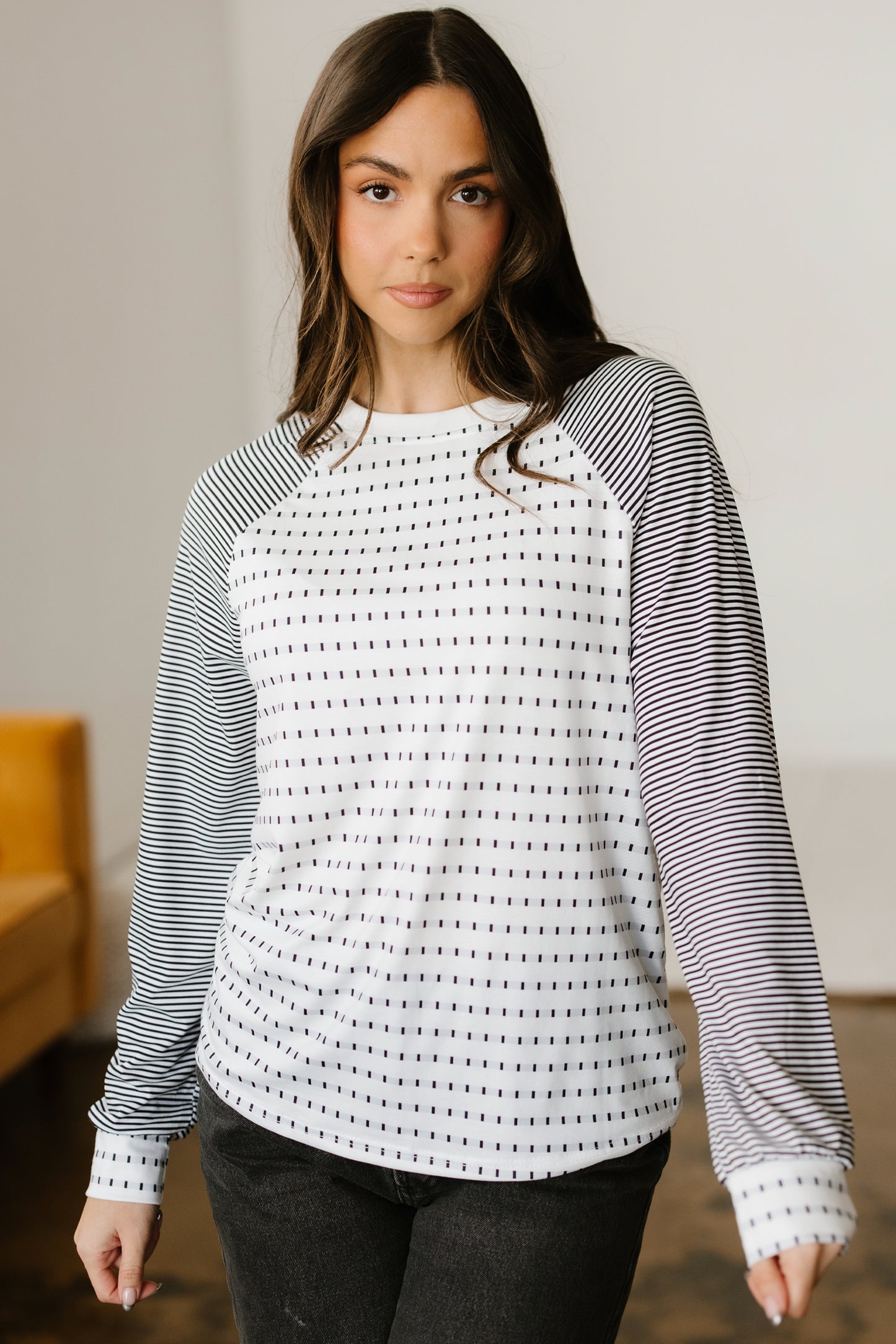 Striped Raglan Sleeve Color Block Long Sleeve Top