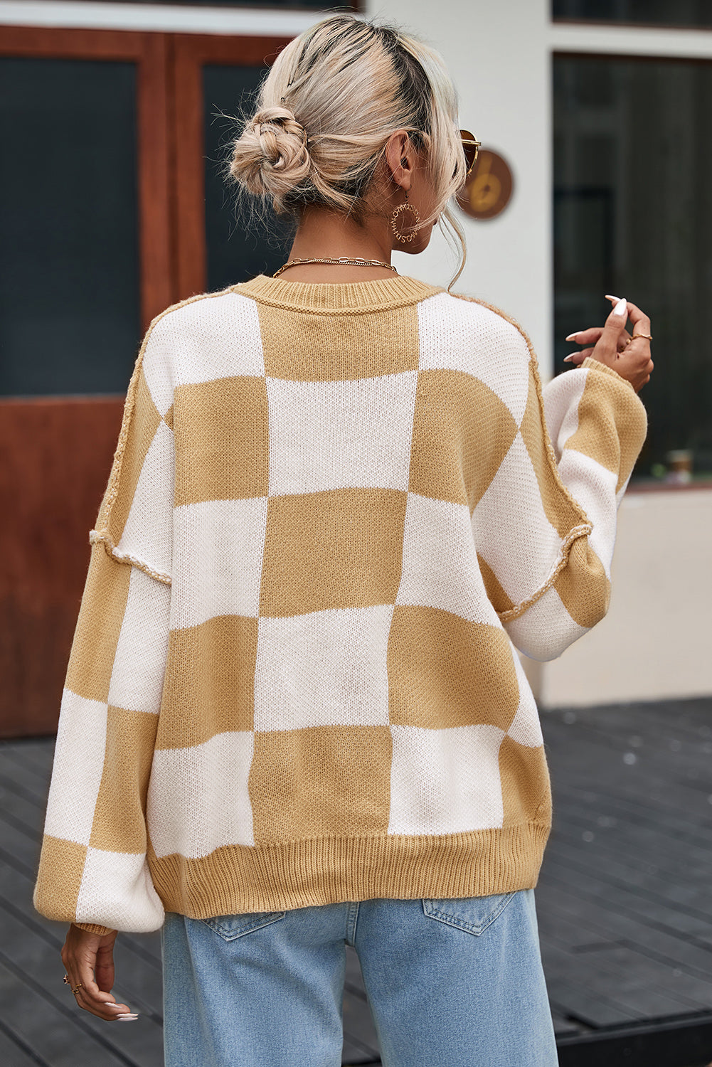 Green Checkered Bishop Sleeve Sweater