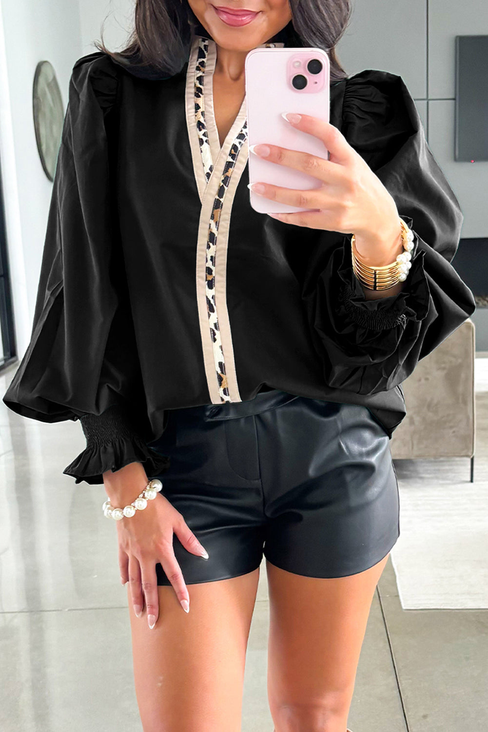 Evergreen Puffy Flounce Sleeve Leopard Trim V Neck Blouse