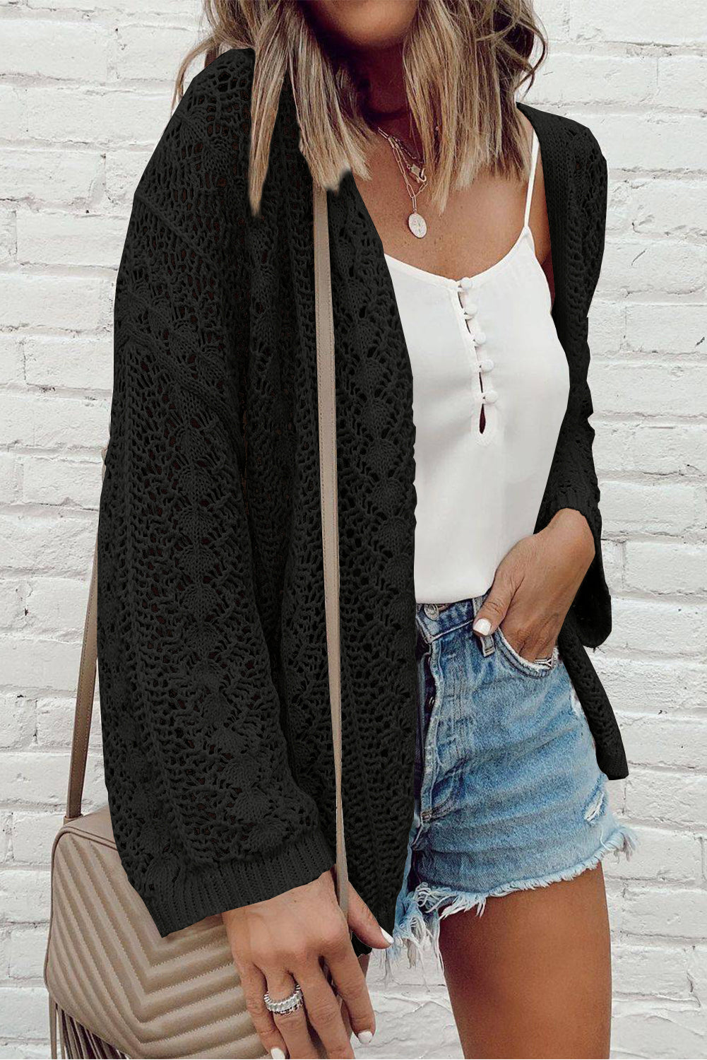 Chic Hollow Out Knit Cardigan with Drop Shoulders