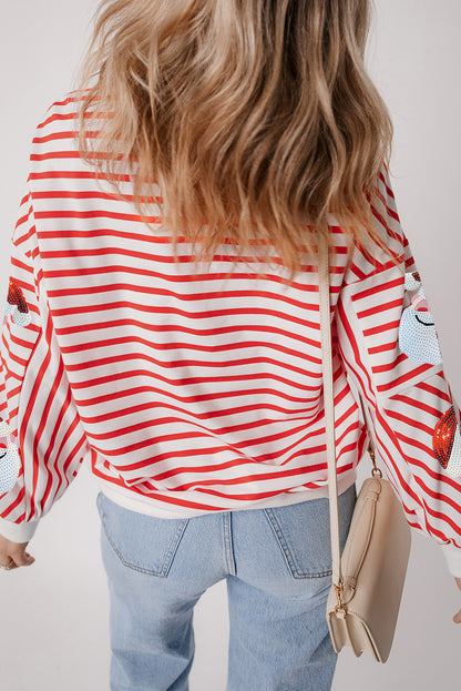 Sequin Santa Claus Striped Christmas Pullover Sweatshirt