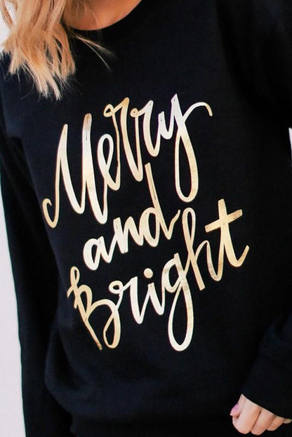 Black Merry and Bright Christmas Graphic Pullover Sweatshirt