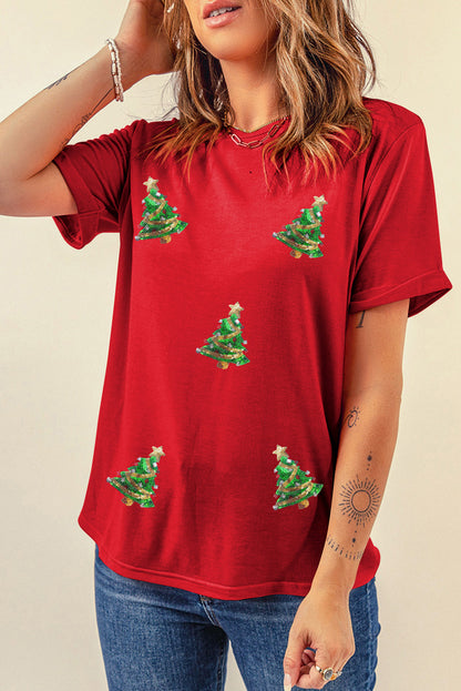 Sequin Christmas Tree Holiday Graphic Red Crewneck Tee