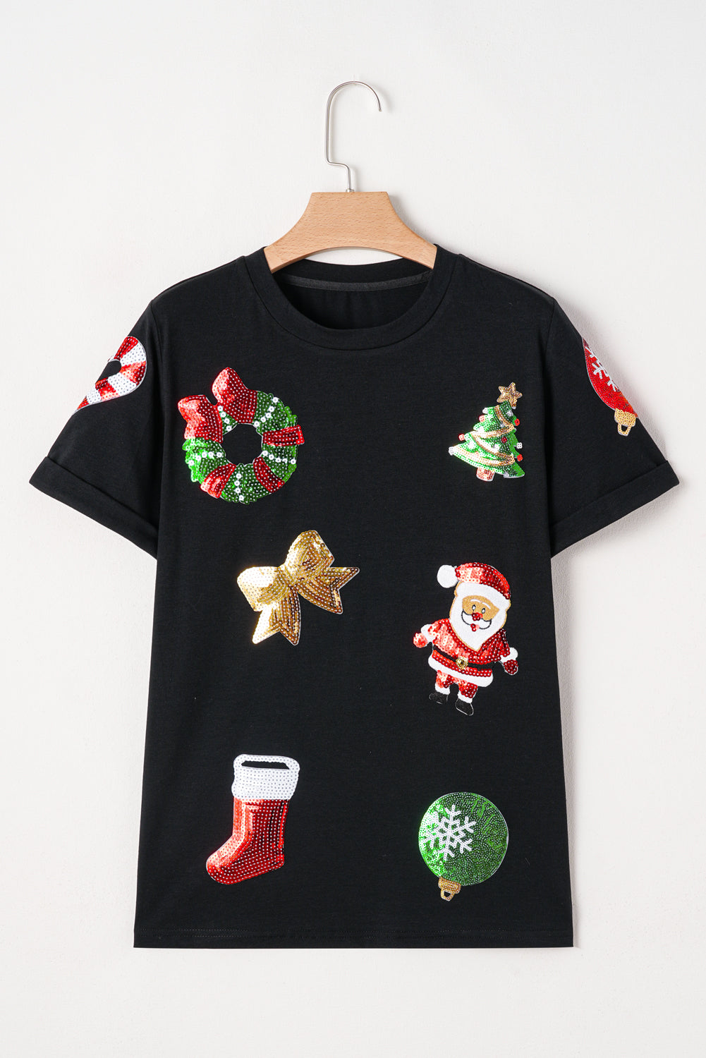 Black Sequin Christmas Holiday Graphic Crewneck T Shirt