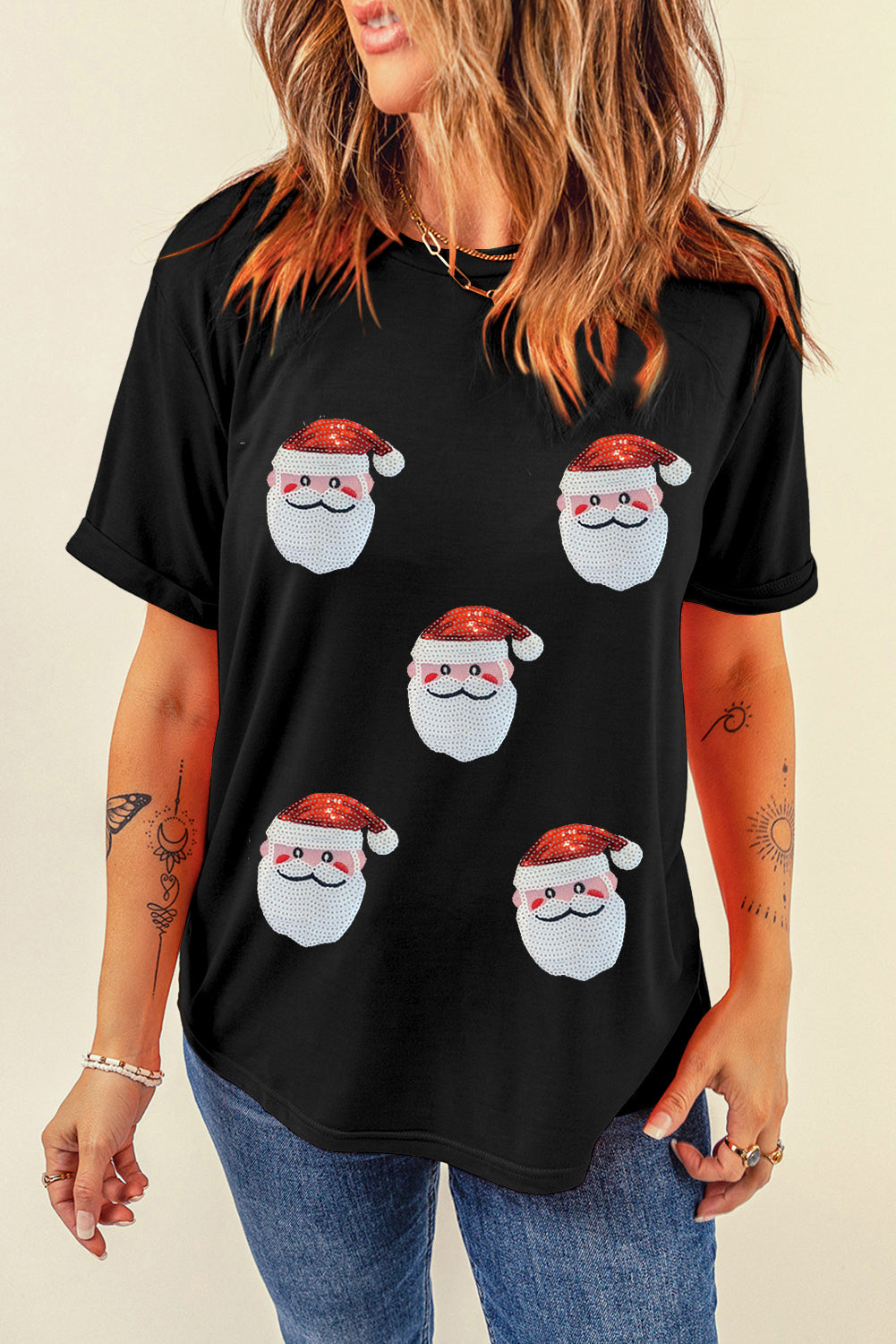 Santa Claus Graphic Christmas Faux Sequin T Shirt