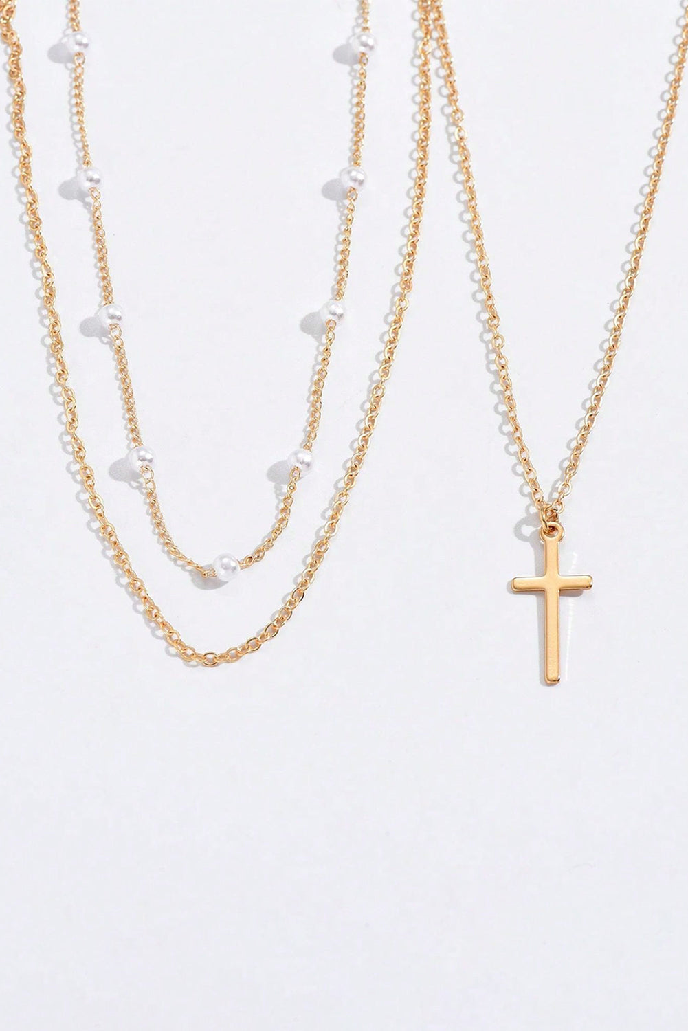 Gold Cross Pendant Pearl Triple Layer Chain Necklace
