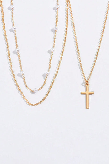 Gold Cross Pendant Pearl Triple Layer Chain Necklace