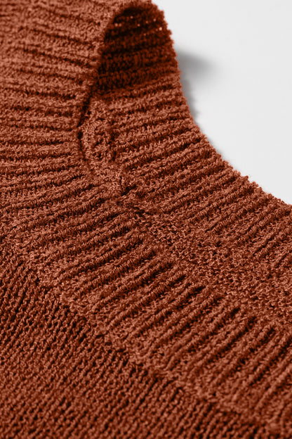 Coffee Ribbed Knit Short Sleeve Lightweight Sweater Top