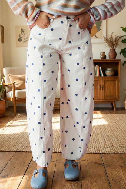 Blue Polka Dot Barrel Jeans High Waist Wide Leg Pants