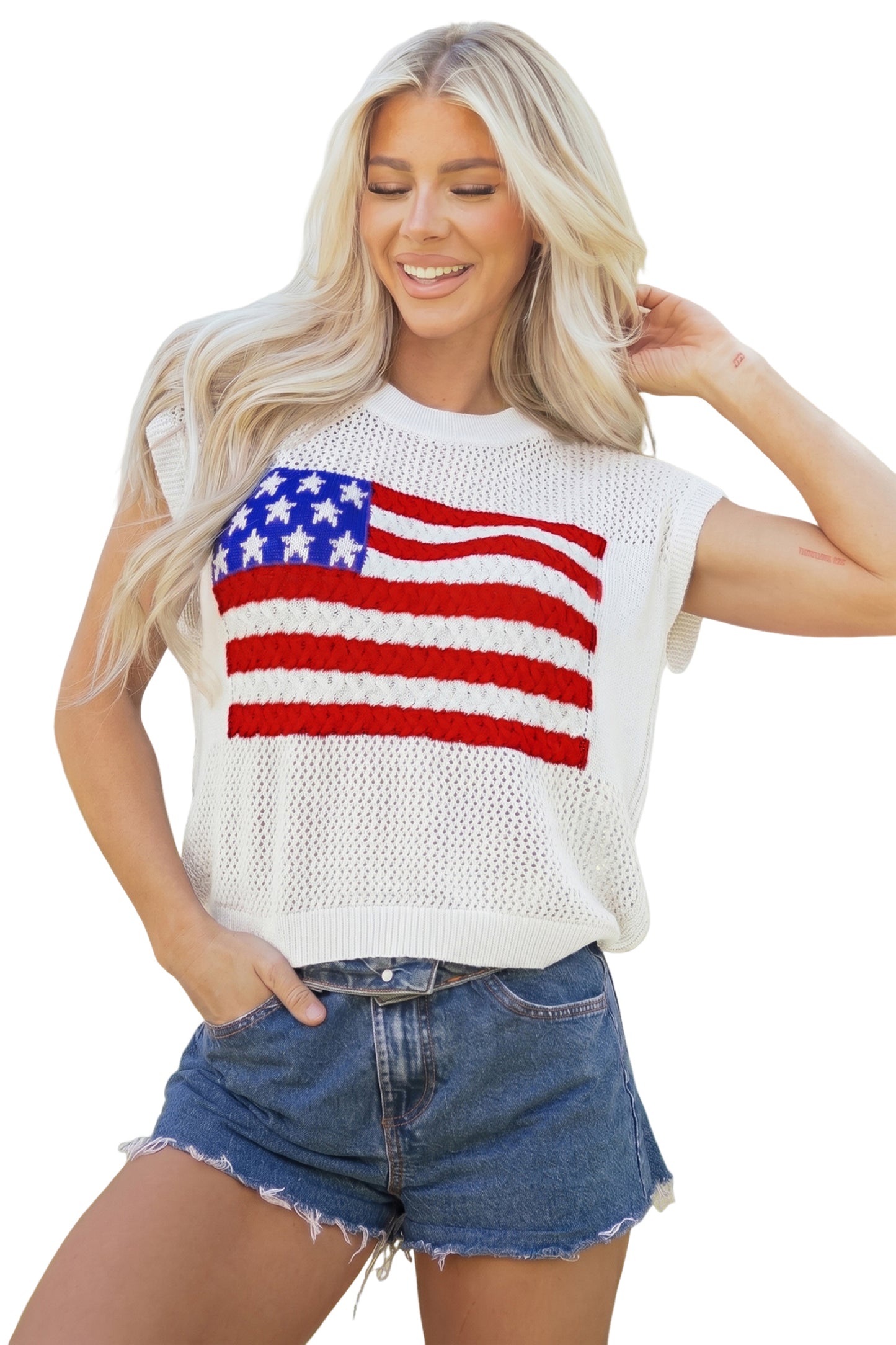 Blue American Flag Knit Short Sleeve Sweater Top