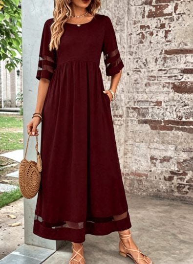 Plus Size Mesh Sleeve Maxi Dress with Pockets A-Line