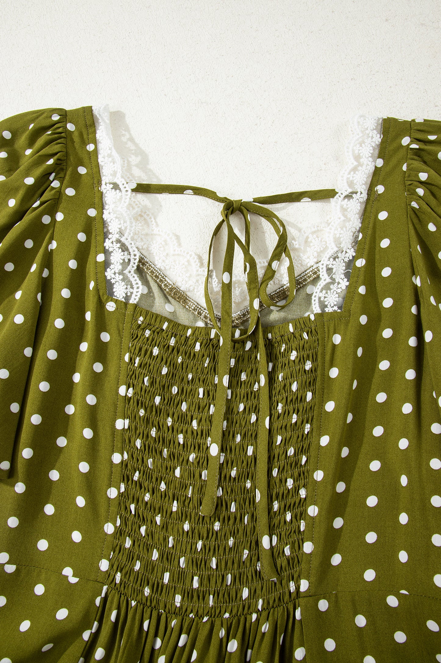 Green Polka Dot Lace Trim Smocked Maxi Dress