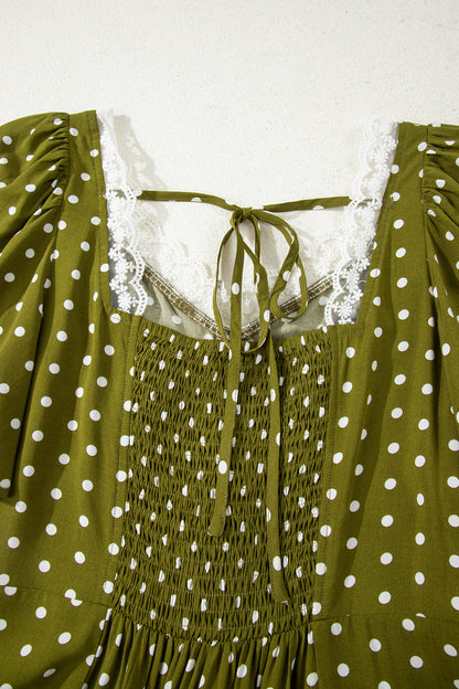 Green Polka Dot Lace Trim Smocked Maxi Dress
