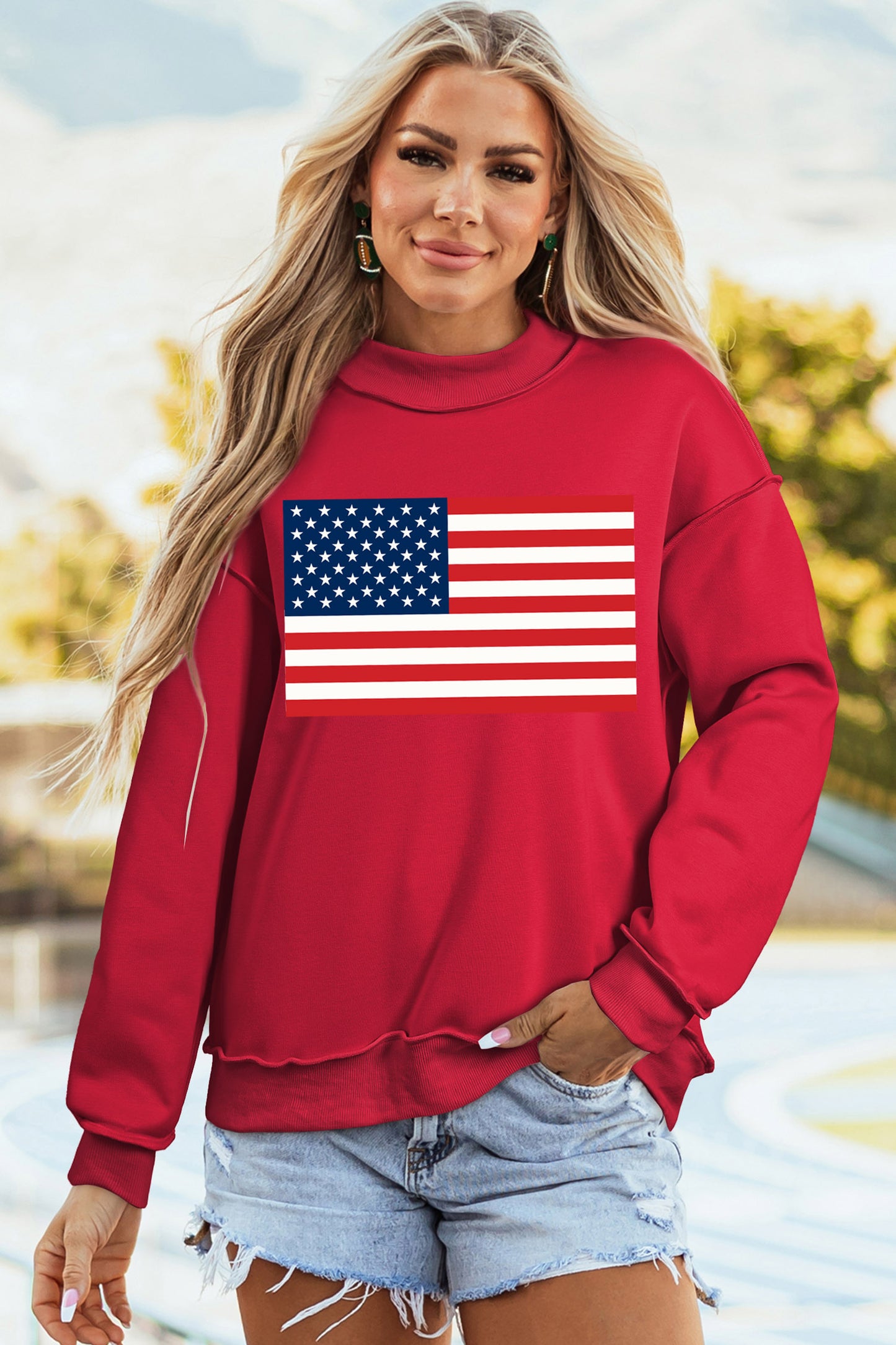 4th of July American Flag Oversized Mock Neck Sweatshirt