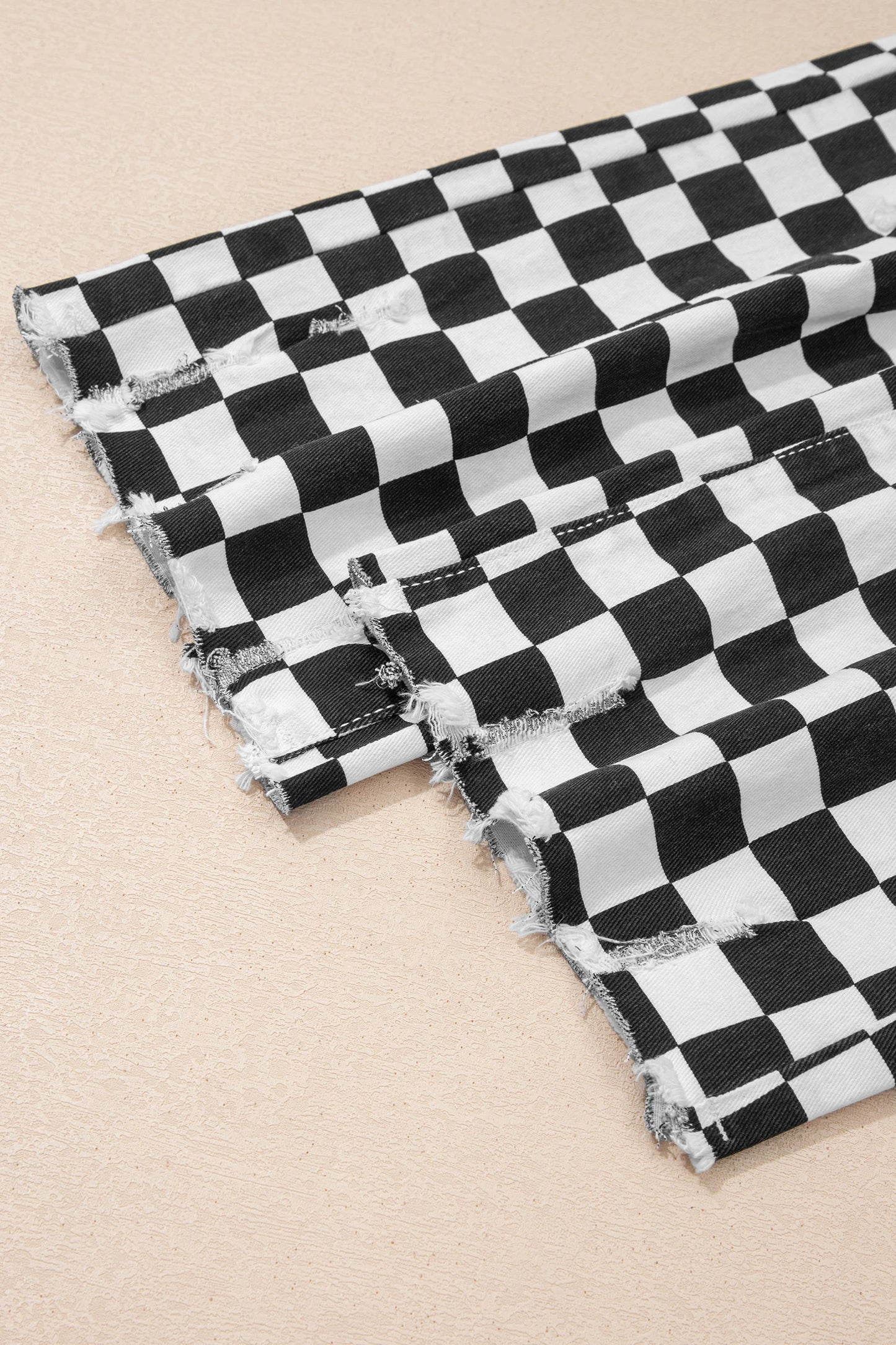 Checkerboard Distressed Cropped Jeans Raw Hem Pants