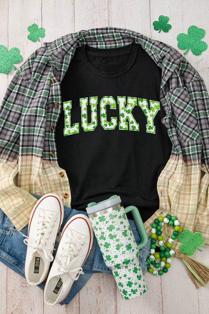 Black LUCKY Shamrock Print Graphic St Patrick’s Day Tee
