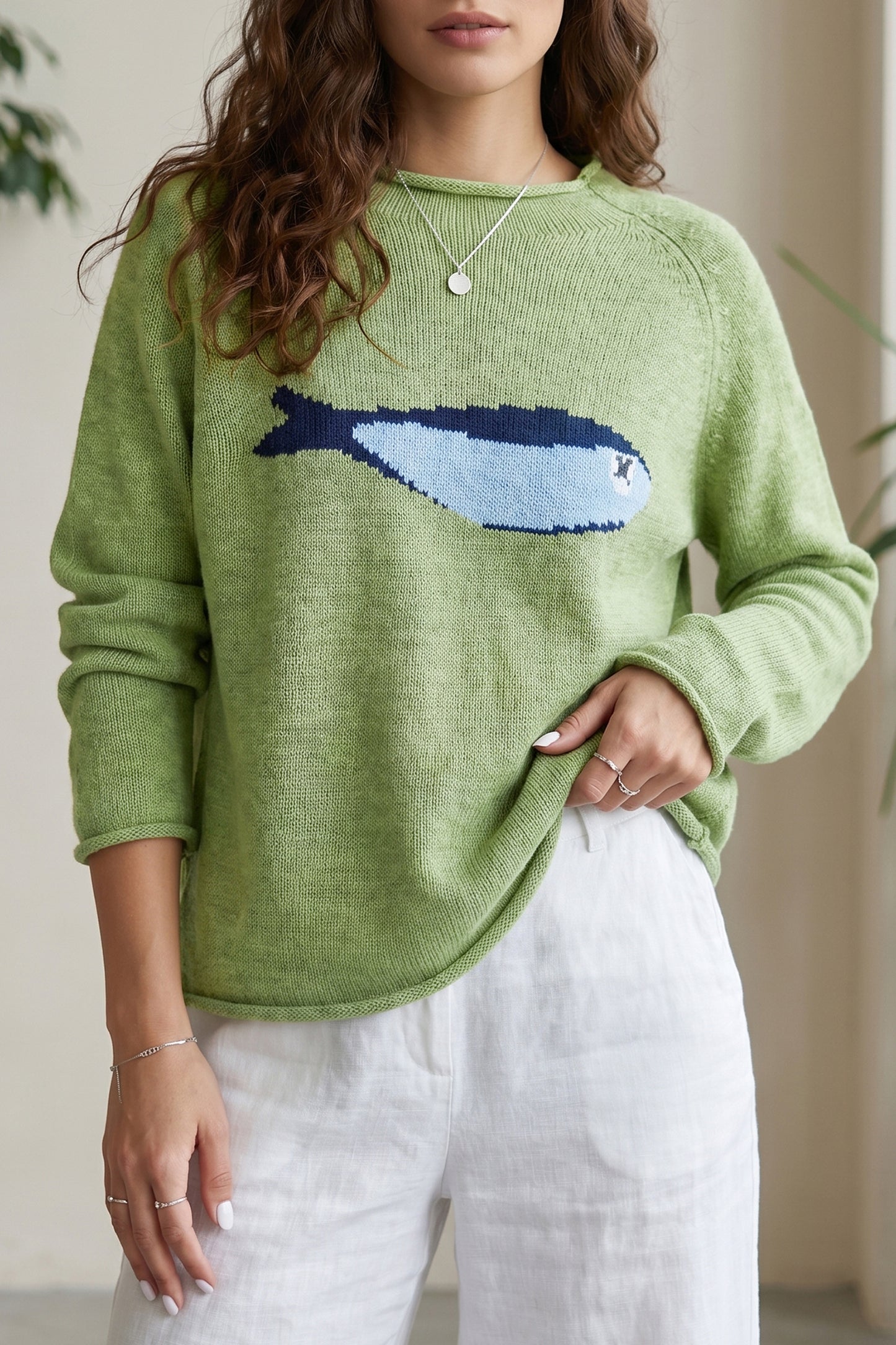 Meadow Mist Green Fish Graphic Oversized Knit Sweater