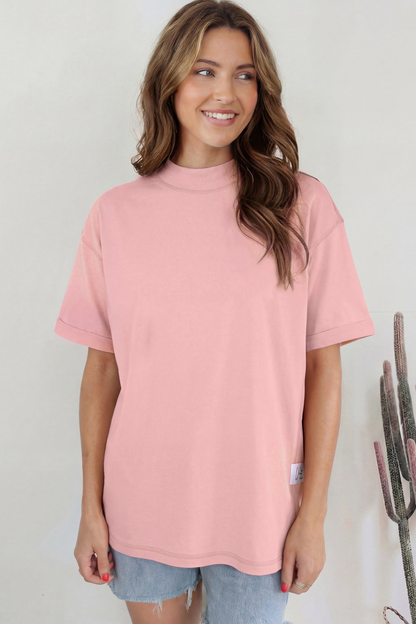 Dark Blue Oversized Mock Neck Tee Casual Relaxed Top