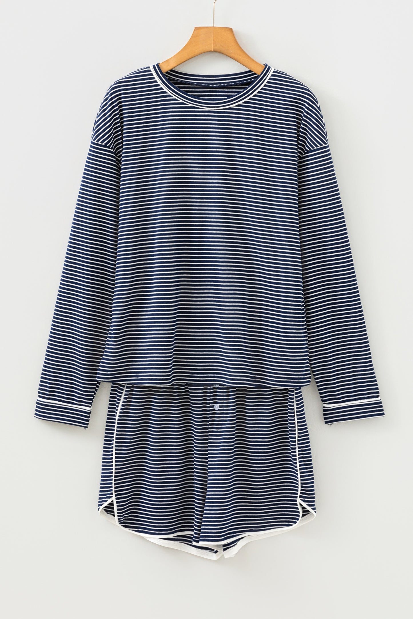 Blue Striped Long Sleeve Top and Buttoned Shorts Lounge Set