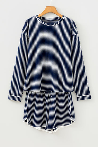 Blue Striped Long Sleeve Top and Buttoned Shorts Lounge Set