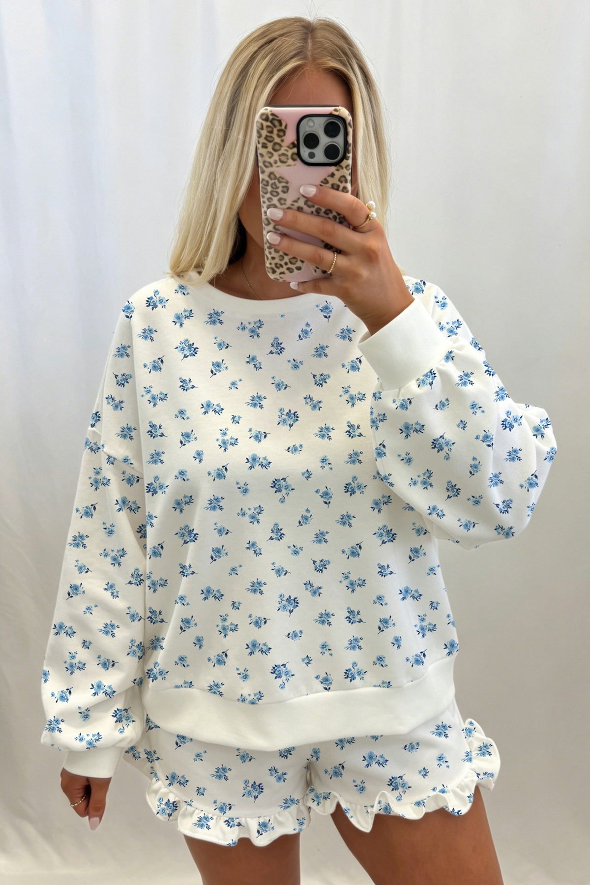 Blue Floral Sweatshirt & Ruffle Shorts 2 Piece Set