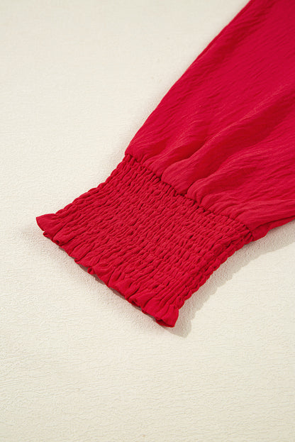 Red V Neck Collared Blouse Loose Fit Smocked Sleeve