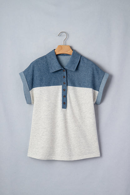Color Block Polo Henley Short Sleeve Casual Top