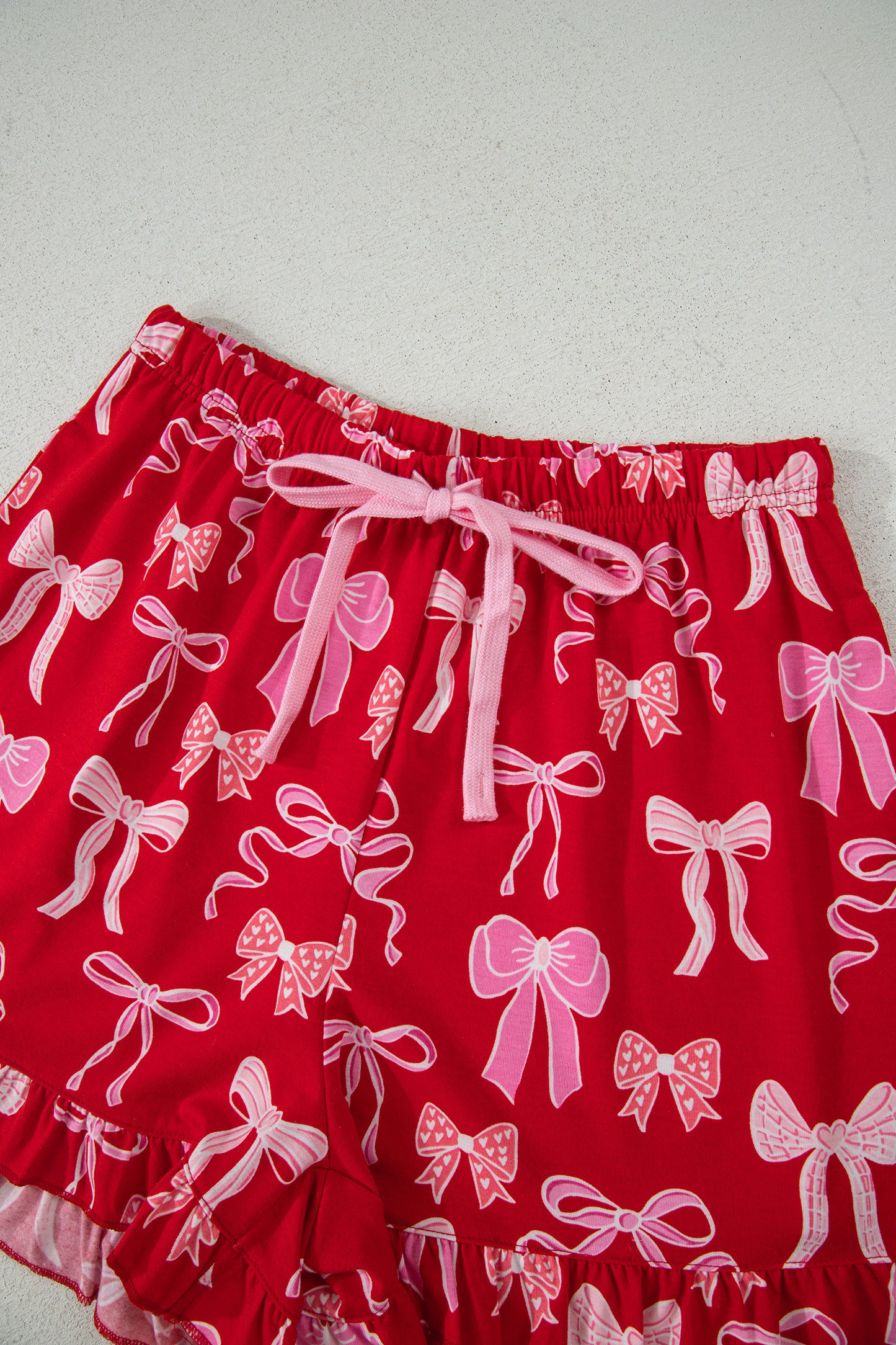 Valentine Red Bow Print Ruffle Pajama Shorts Set for Women