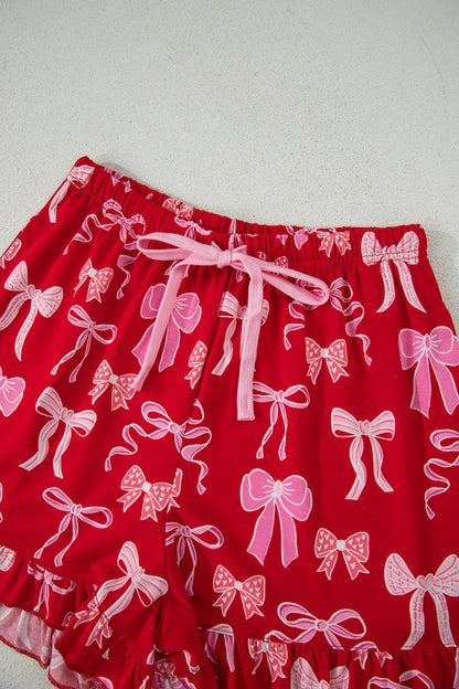 Valentine Red Bow Print Ruffle Pajama Shorts Set for Women
