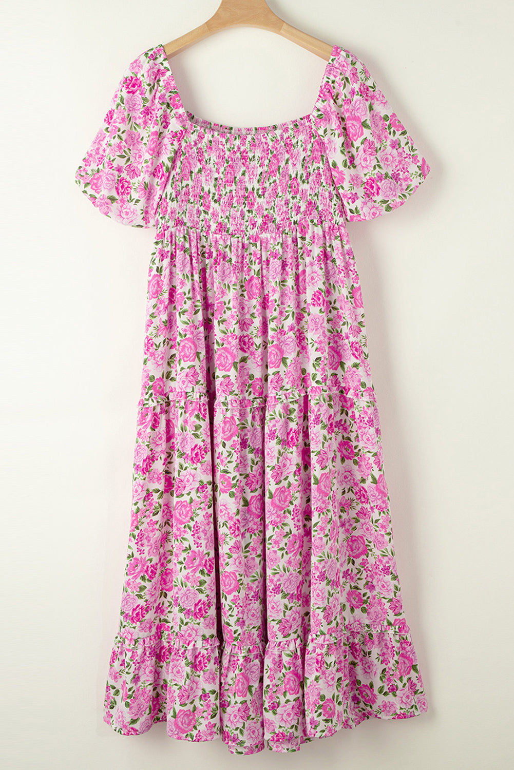 Easter Pink Floral Square Neck Puff Sleeve Maxi Dress