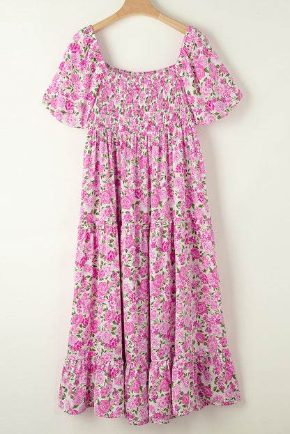 Easter Pink Floral Square Neck Puff Sleeve Maxi Dress