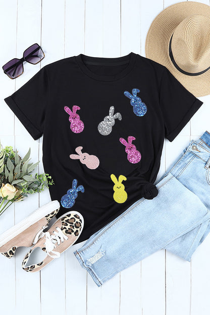 Black Easter Sequin Bunny Graphic Crew Neck Tee