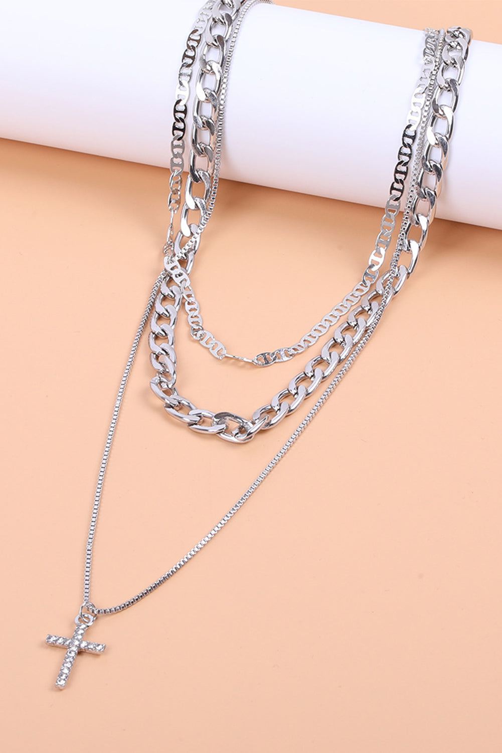 Silver Cross Pendant Layered Chain Necklace Set