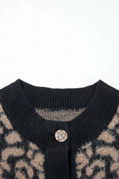 Western Leopard Print Knit Sweater Vest Button Cardigan