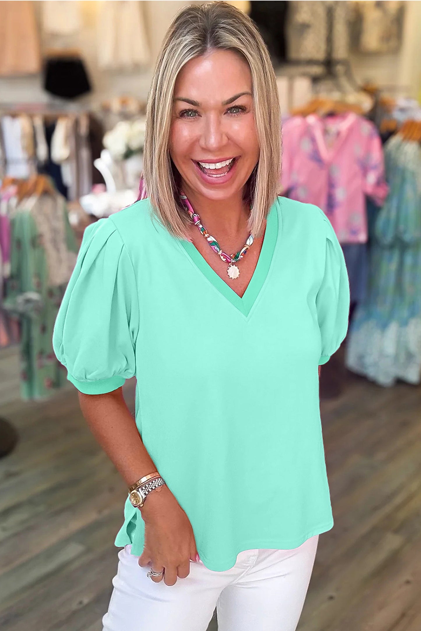 Womens V Neck Puff Sleeve Blouse Lightweight Casual Top